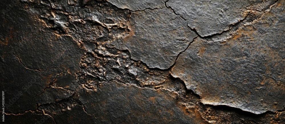Poster dark textured stone surface with cracks and natural patterns in a horizontal layout copy space