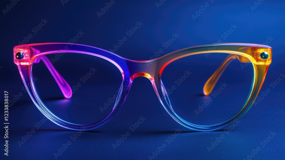 Poster vibrant stylish eyeglasses with colorful frames showcased on a solid background, featuring ample emp