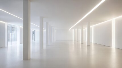 Fototapeta premium Minimalist white architectural interior featuring sleek columns and bright, evenly distributed lighting.