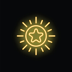Yellow neon sign depicting a sun shining with a star inside on a black background