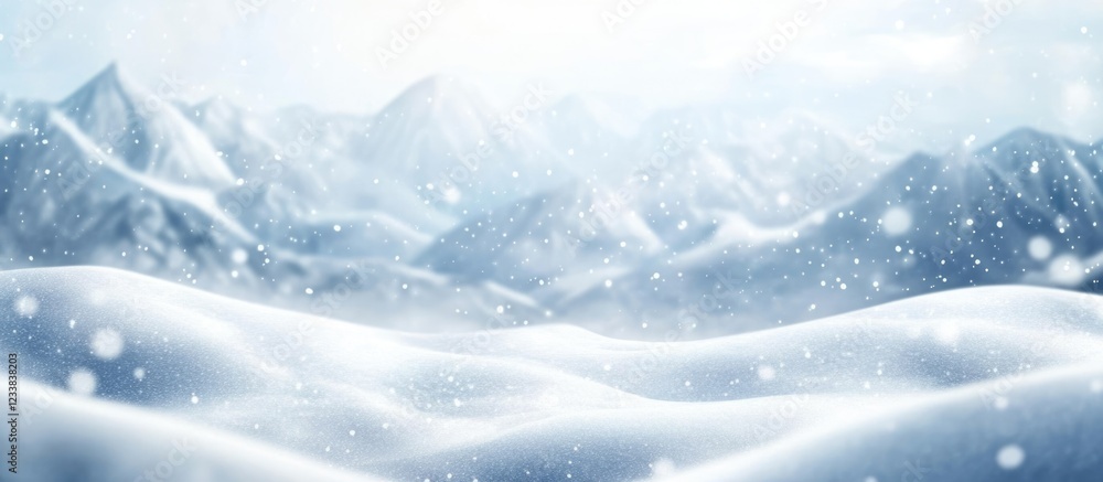 Poster serene winter landscape featuring majestic snowy mountains and soft blurred background ideal for add