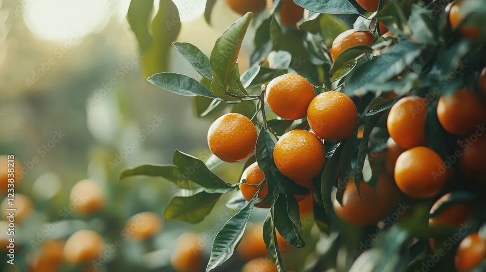 Poster tangerines hanging on a tree with lush green leaves in a sunlit orchard featuring a blurred backgrou