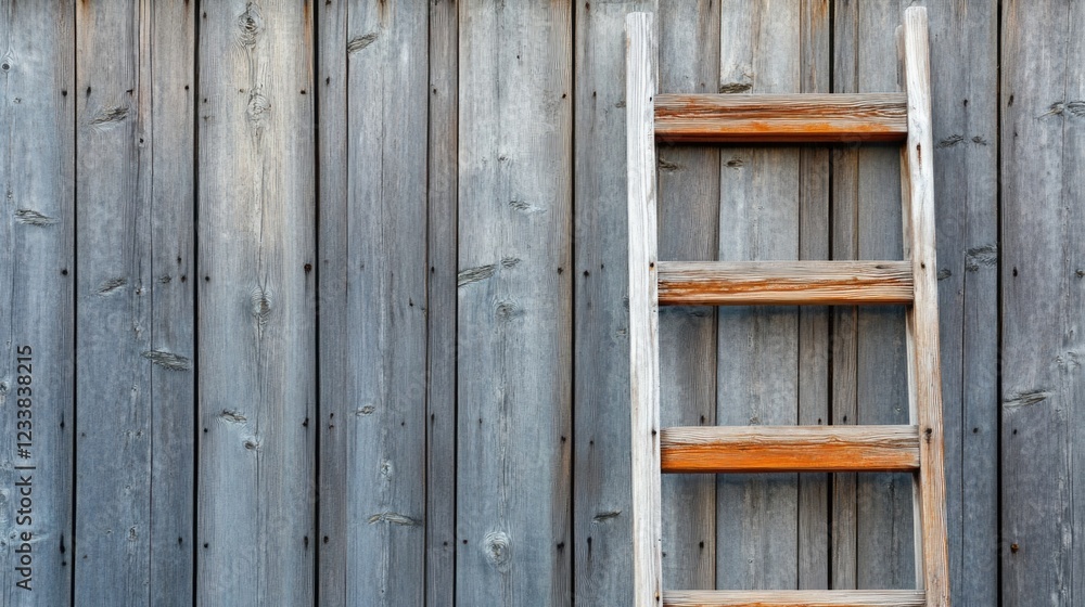 Aufkleber wooden ladder positioned against rustic wooden facade with ample copyspace for text or branding use 