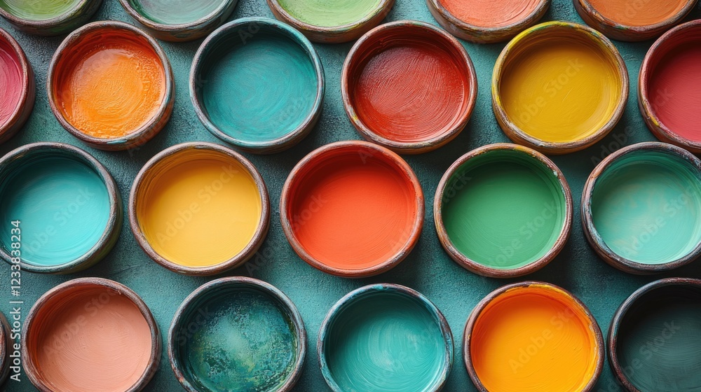 Poster colorful ceramic paint pots arrangement with empty space for creative text or design elements in art