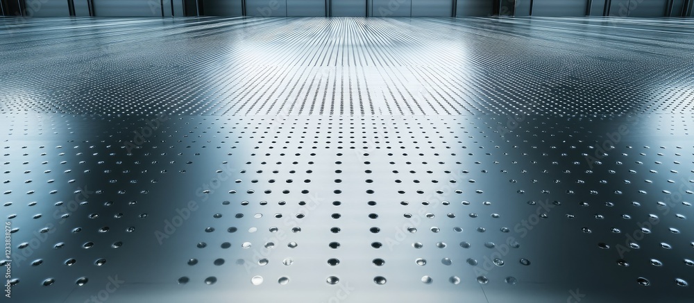 Poster sleek metal floor in modern industrial setting emphasizing polished quality with ample negative spac
