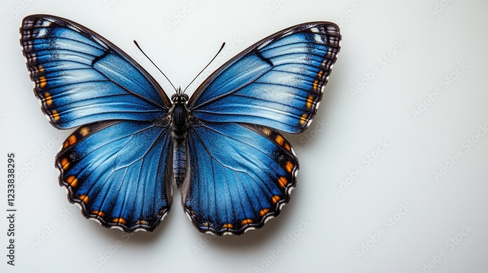Poster vibrant common blue butterfly displayed from above on a white background with ample negative space f