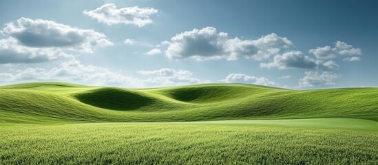 Lush Green Rolling Hills Under Cloudy Blue Sky with Copy Space