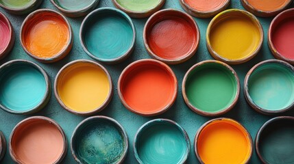Colorful Ceramic Paint Pots Arrangement with Empty Space for Creative Text or Design Elements in Art and Craft Context