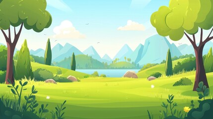 Obraz premium Serene Lakeside Meadow Landscape With Majestic Mountains