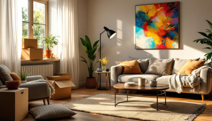 Cozy living room with modern art and moving boxes in sunlit space