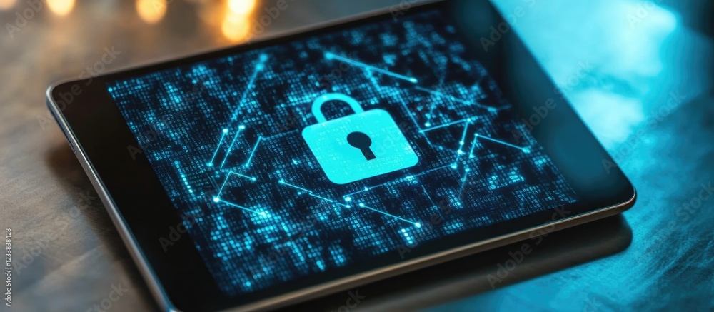 Aufkleber tablet displaying cybersecurity concepts with a padlock icon and digital data visuals, featuring amp