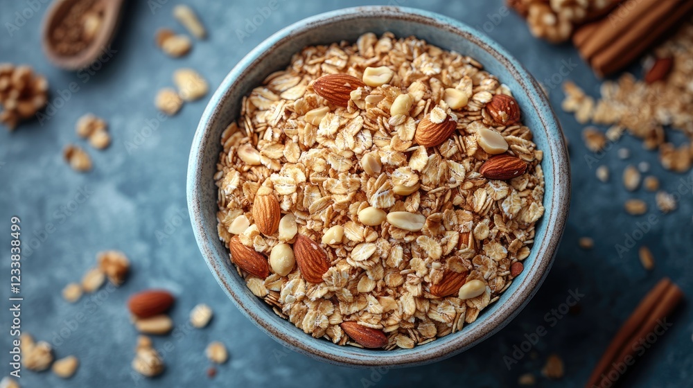 Poster bowl of granola with nuts and seeds on rustic blue surface with cinnamon sticks and nuts around for 