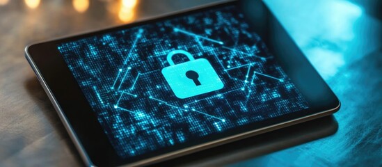 Tablet displaying cybersecurity concepts with a padlock icon and digital data visuals, featuring ample space for text and messaging.