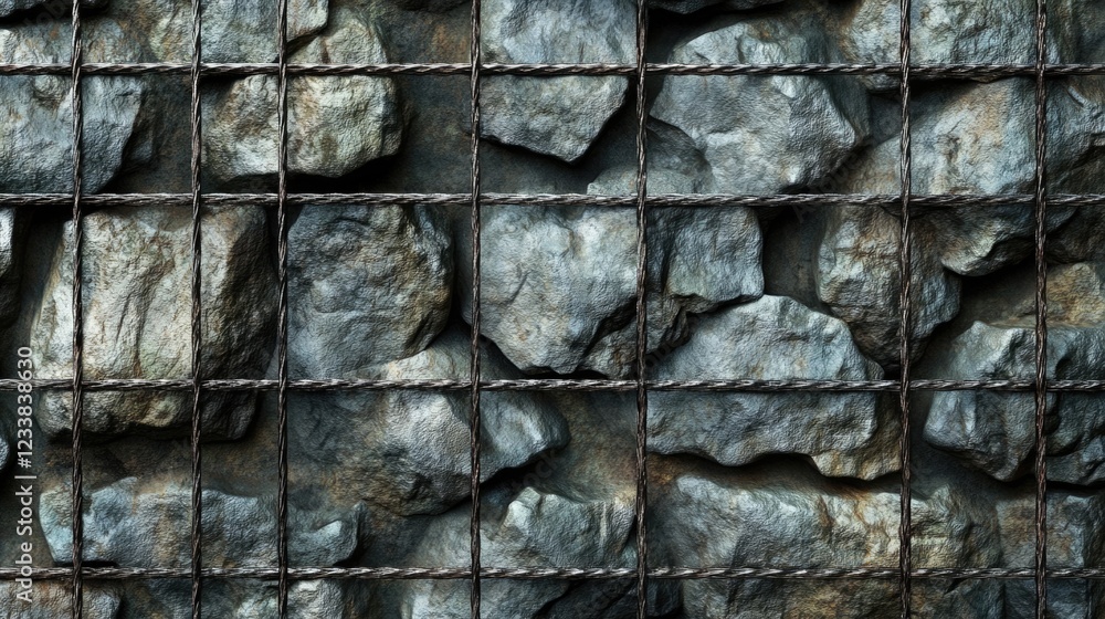 Poster stone filled wire mesh cages texture with empty space for text or graphic overlay in a dark natural 