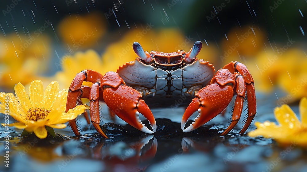 Poster vivid closeup shot of a red crab showcasing fine details of its shell and legs under soft lighting c