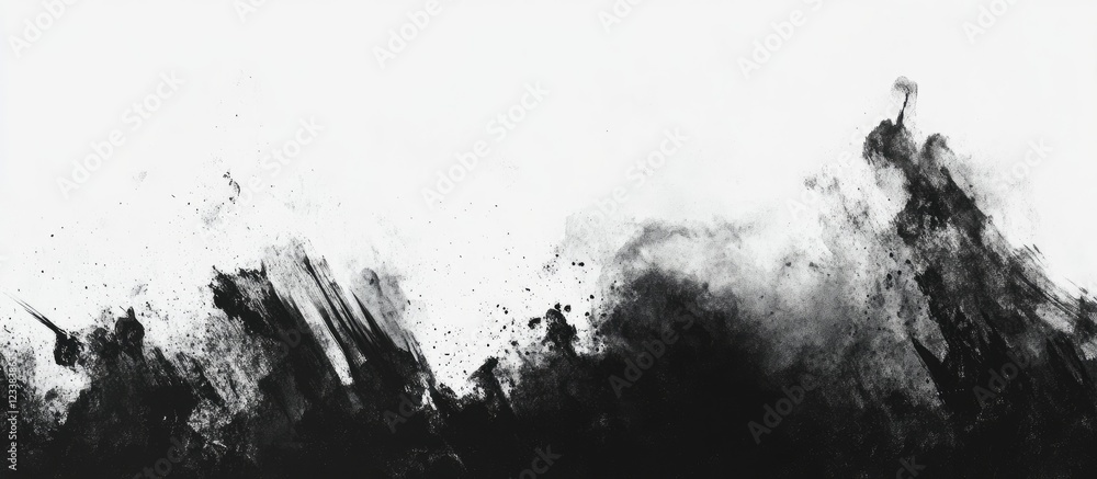 Poster abstract black and white ink artwork evoking big data concepts with chaotic brush strokes and ample 