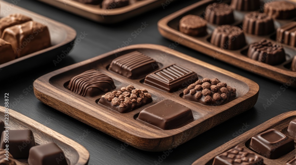 Poster delicious assorted chocolates arranged elegantly on wooden plates with ample empty space for persona