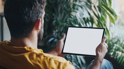 Close-up view of man holding modern digital tablet with blank screen in a relaxed environment surrounded by greenery for technology mockup.