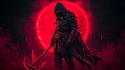 Mysterious hooded figure wielding a scythe under a glowing red moon in a dark fantasy setting