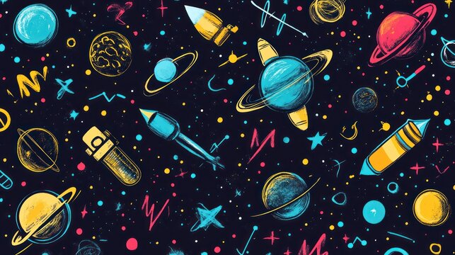 Colorful space doodle pattern, cosmic background, textile print