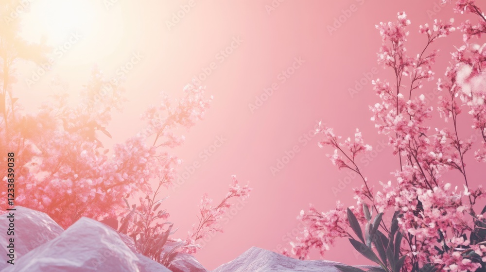 Poster text caption scene featuring unreal engine with pink floral background and ample copyspace for custo