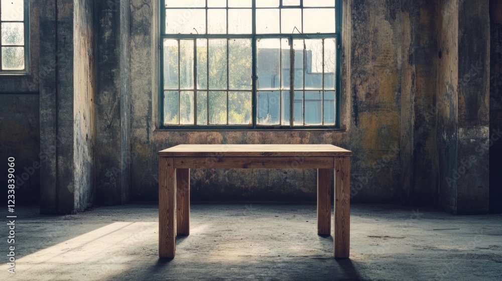 Poster wooden table in industrial setting with large windows and empty space for text or design elements on