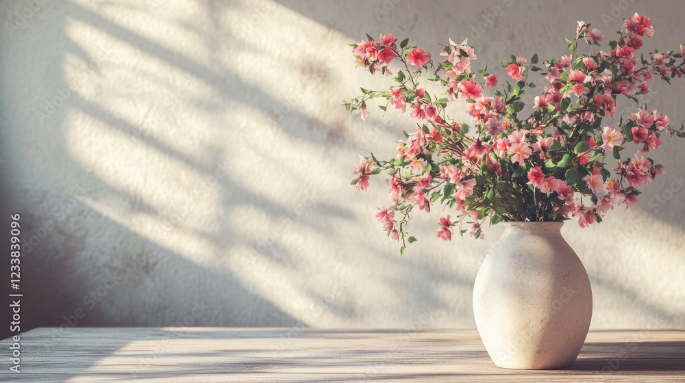 Aufkleber elegant flower arrangement in a white vase on a table with soft light and shadow play on a textured 