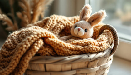 Obraz premium Cute plush bunny nestled in cozy woven basket with knitted blanket