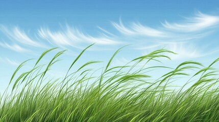 Fototapeta premium Lush green grass swaying gently in the breeze under a clear blue sky with ample space for text or overlay design elements.