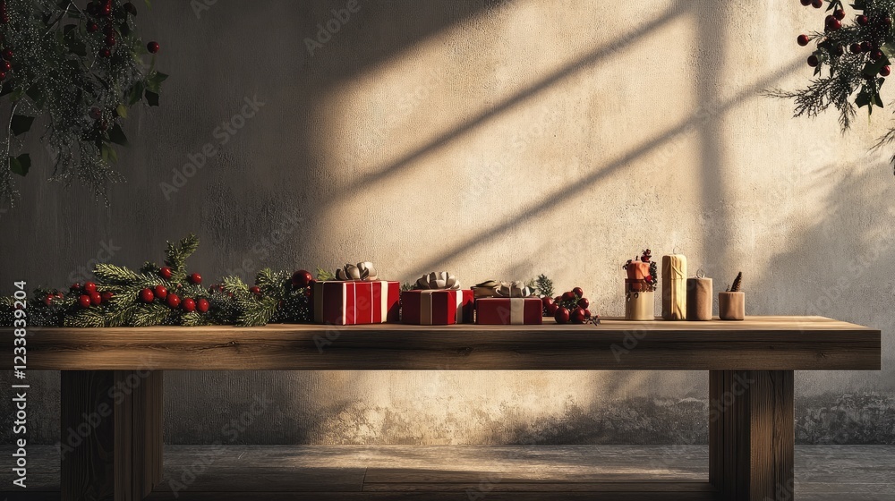 Poster festive table set with christmas decorations and presents creating a warm holiday atmosphere with pl