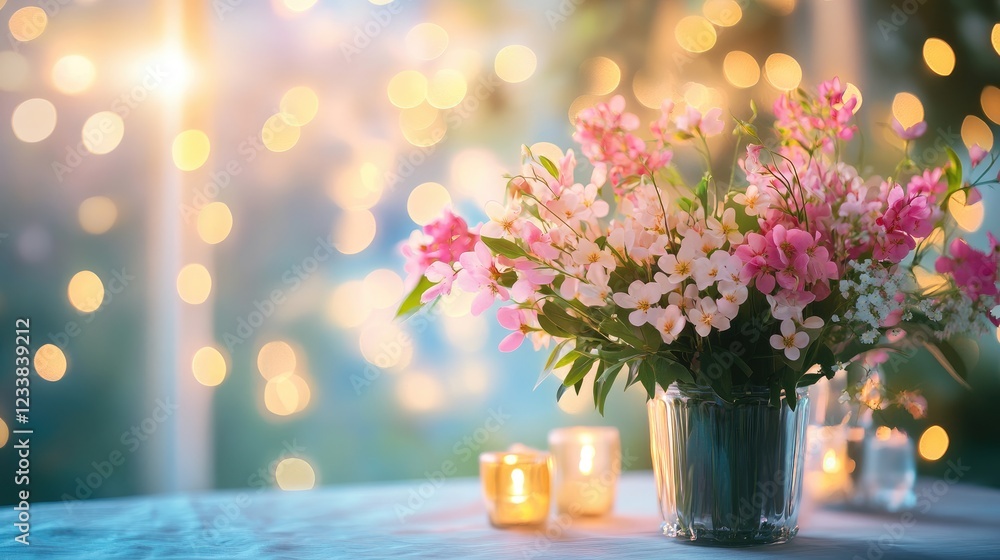 Poster assorted spring flowers in a vase with bokeh lights creating a cozy magical atmosphere and soft focu