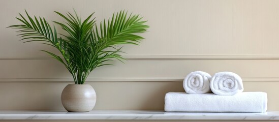 Spa Pedestal Banner Featuring Decorative Palm Plant and Rolled Towels in Elegant Hotel Room with Ample Empty Space for Text and Branding