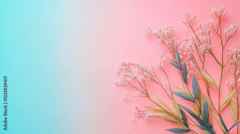 Poster gradient floral background in tan pink blue with empty space for text and delicate flowers for desig