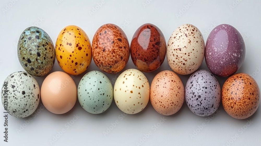 Aufkleber assorted multicolored quail eggs arranged in a top view display showcasing their unique patterns and