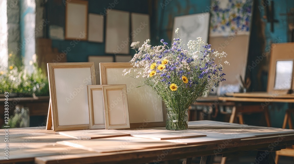Poster rustic table arrangement with empty frames and a vibrant vase of wildflowers in a creative studio se