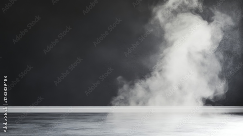 Poster dense black and white smoke filling an empty room with space for text and graphics on the floor and 