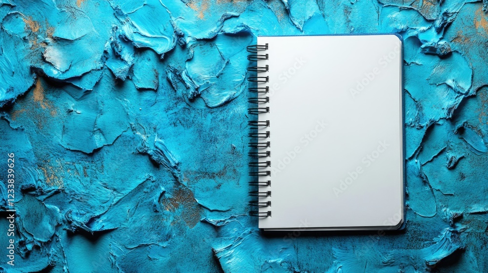 Poster top view of blank spiral notebook page on textured teal background for writing notes or creative ide