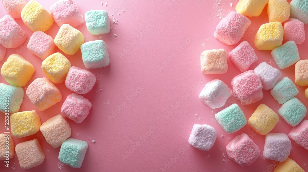 Poster colorful pastel marshmallows arranged beautifully on pink background with empty space for text or de