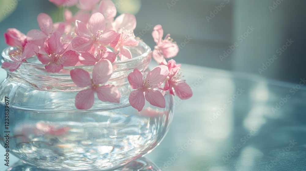 Poster close up of a crystal jar filled with water and delicate pink flowers creating a tranquil and ethere