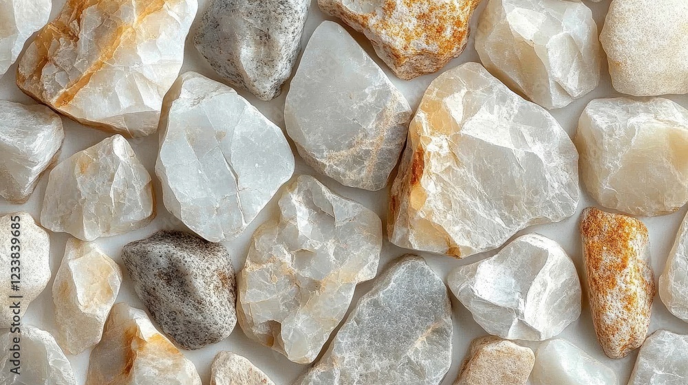 Poster close-up view of assorted natural pebbles in various shapes and colors on a textured surface suitabl