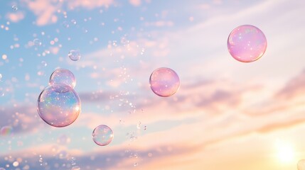 Pink iridescent soap bubbles floating and flying against a pastel blue sunset sky, creating an abstract texture background.