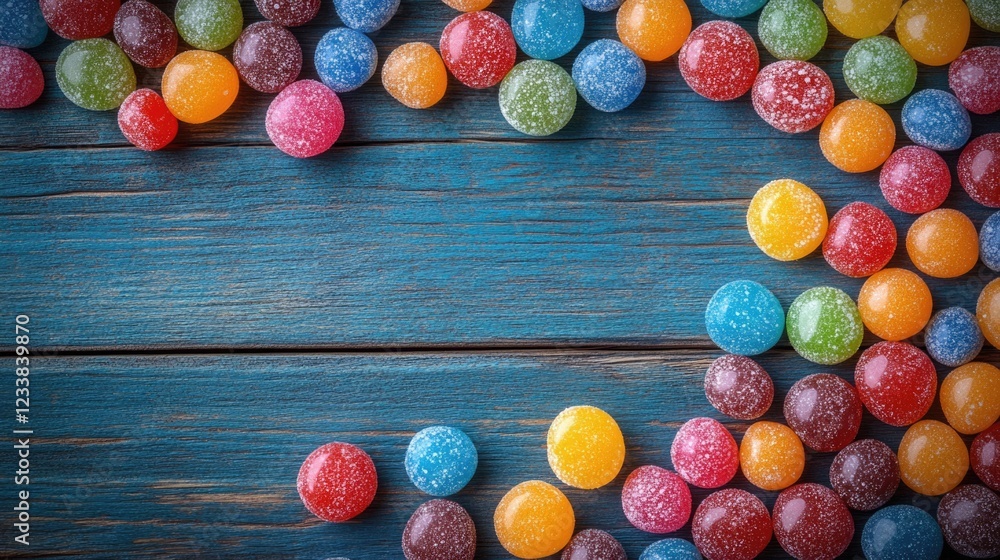 Poster colorful candies scattered on a wooden surface with ample empty space for text or messages creating 