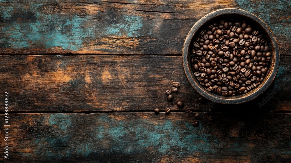 Poster coffee beans in bowl on rustic wooden table with textured surface for design and copy space above sh