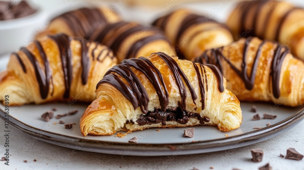 Poster delicious chocolate croissants on plate with empty space for text or branding in bright breakfast se