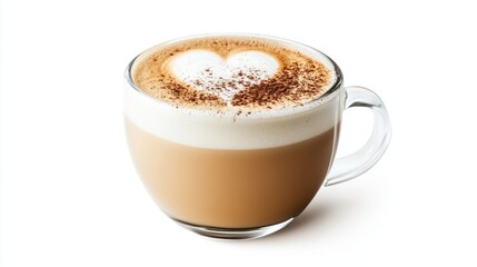 A rich cappuccino in a glass mug with delicate foam art, isolated against a white backdrop