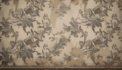 Weathered Floral Wallpaper on Cracked Walls A Decaying Interior Scene Showcasing Antique Patterns and Textures in a Timeworn Room