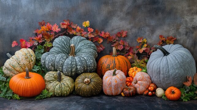 Autumn harvest display featuring a variety of pumpkins and decorative squash among vibrant fall foliage for Halloween decor