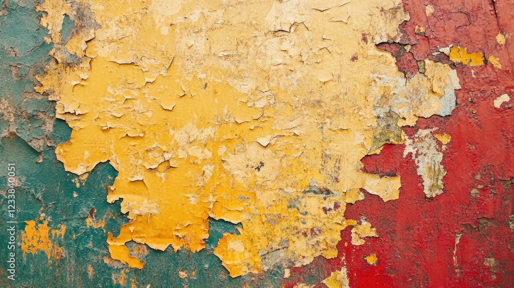 Poster textured background of peeling paint in vibrant colors with ample empty space for text or design ele