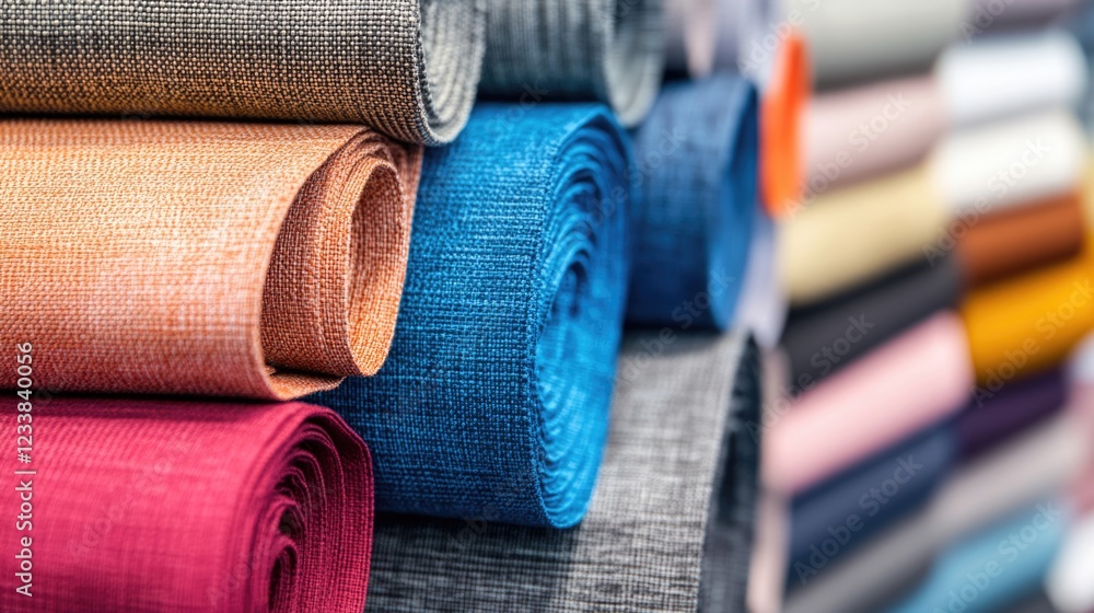 Poster textured fabric rolls in vibrant colors for interior design with copyspace for custom text and desig