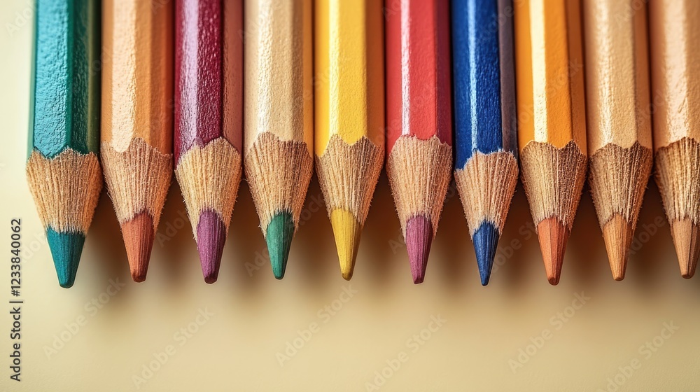 Poster vibrant colored pencils arranged in a row on a light background with ample empty space for creative 